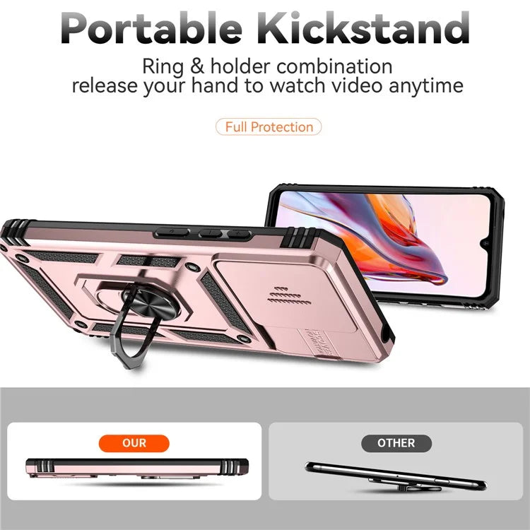 For Xiaomi Redmi 12C 4G Case Slide Camera Shield Rotatory Kickstand PC+TPU Phone Cover