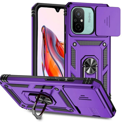 For Xiaomi Redmi 12C 4G Case Slide Camera Shield Rotatory Kickstand PC+TPU Phone Cover