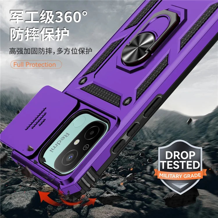 For Xiaomi Redmi 12C 4G Case Slide Camera Shield Rotatory Kickstand PC+TPU Phone Cover