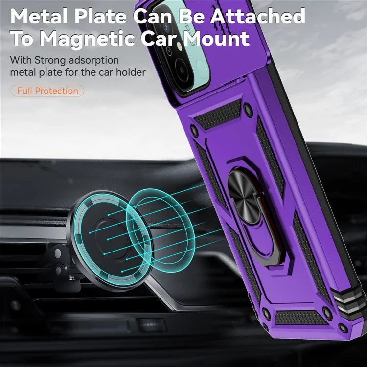 For Xiaomi Redmi 12C 4G Case Slide Camera Shield Rotatory Kickstand PC+TPU Phone Cover
