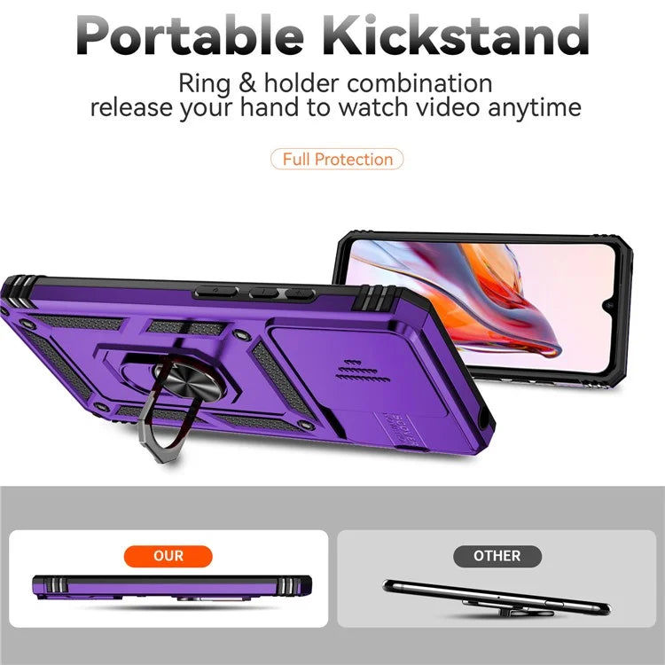 For Xiaomi Redmi 12C 4G Case Slide Camera Shield Rotatory Kickstand PC+TPU Phone Cover