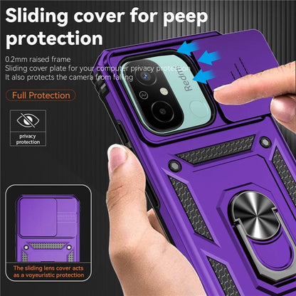 For Xiaomi Redmi 12C 4G Case Slide Camera Shield Rotatory Kickstand PC+TPU Phone Cover