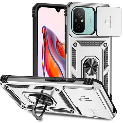 For Xiaomi Redmi 12C 4G Case Slide Camera Shield Rotatory Kickstand PC+TPU Phone Cover
