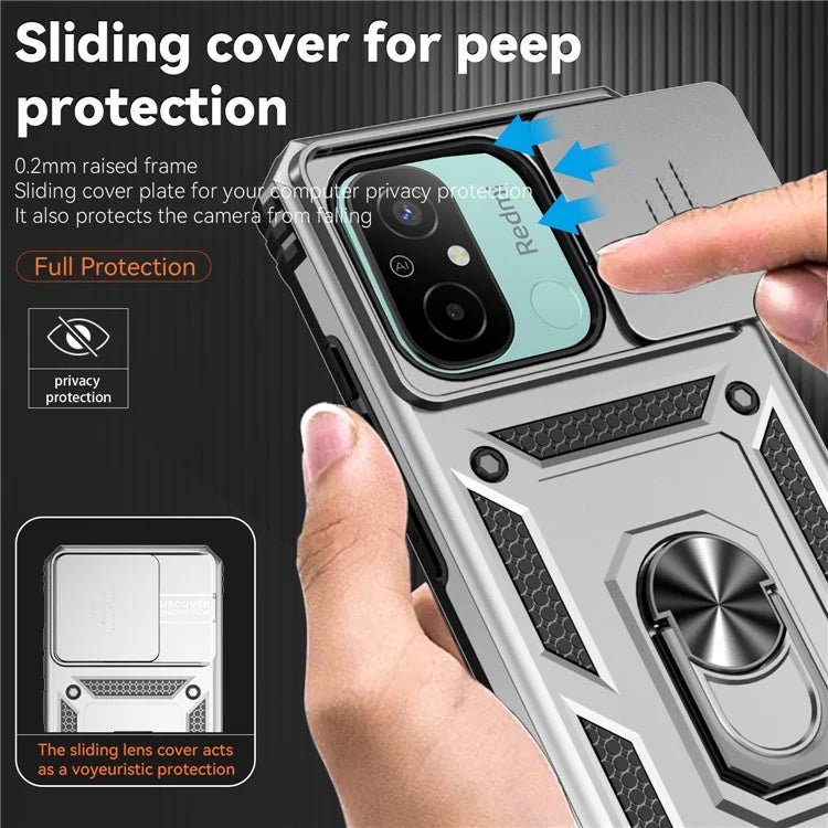 For Xiaomi Redmi 12C 4G Case Slide Camera Shield Rotatory Kickstand PC+TPU Phone Cover