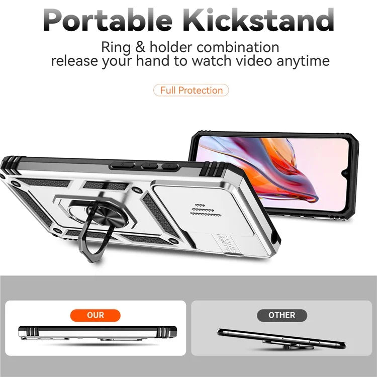 For Xiaomi Redmi 12C 4G Case Slide Camera Shield Rotatory Kickstand PC+TPU Phone Cover
