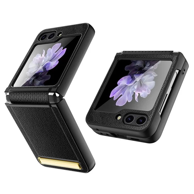 For Samsung Galaxy Z Flip5 5G Case PU Leather+PC Kickstand Phone Cover with Small Screen Film
