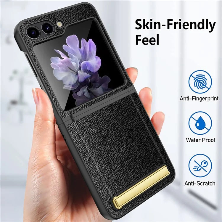 For Samsung Galaxy Z Flip5 5G Case PU Leather+PC Kickstand Phone Cover with Small Screen Film