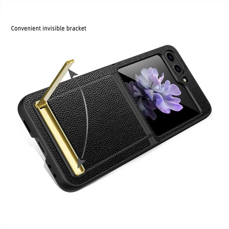 For Samsung Galaxy Z Flip5 5G Case PU Leather+PC Kickstand Phone Cover with Small Screen Film