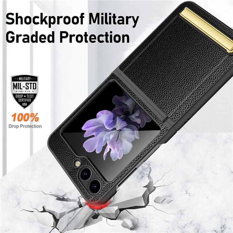 For Samsung Galaxy Z Flip5 5G Case PU Leather+PC Kickstand Phone Cover with Small Screen Film
