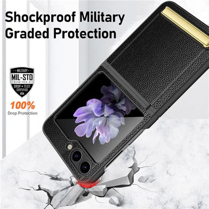 For Samsung Galaxy Z Flip5 5G Case PU Leather+PC Kickstand Phone Cover with Small Screen Film