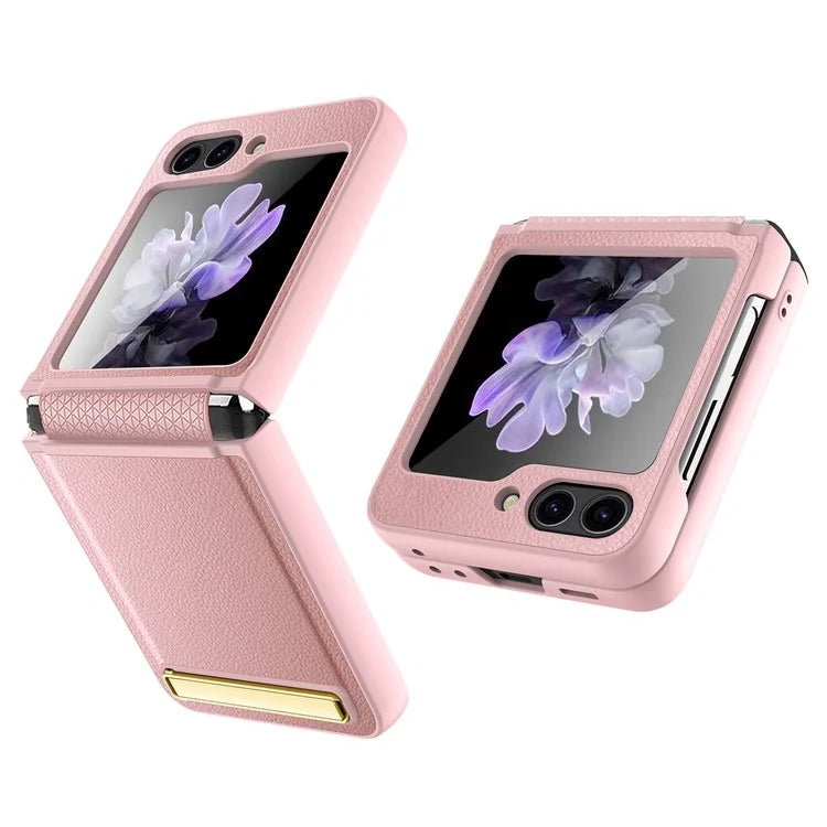 For Samsung Galaxy Z Flip5 5G Case PU Leather+PC Kickstand Phone Cover with Small Screen Film