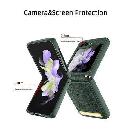 For Samsung Galaxy Z Flip5 5G Case PU Leather+PC Kickstand Phone Cover with Small Screen Film