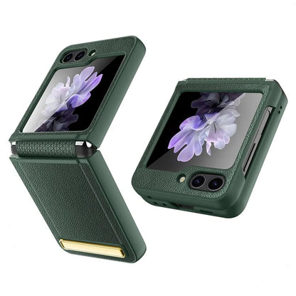 For Samsung Galaxy Z Flip5 5G Case PU Leather+PC Kickstand Phone Cover with Small Screen Film