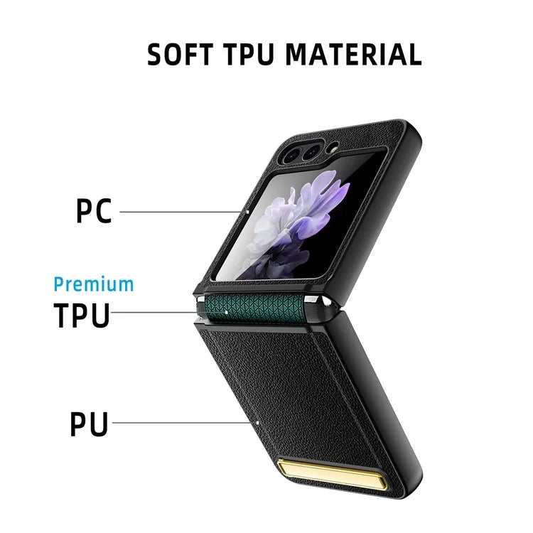 For Samsung Galaxy Z Flip5 5G Case PU Leather+PC Kickstand Phone Cover with Small Screen Film