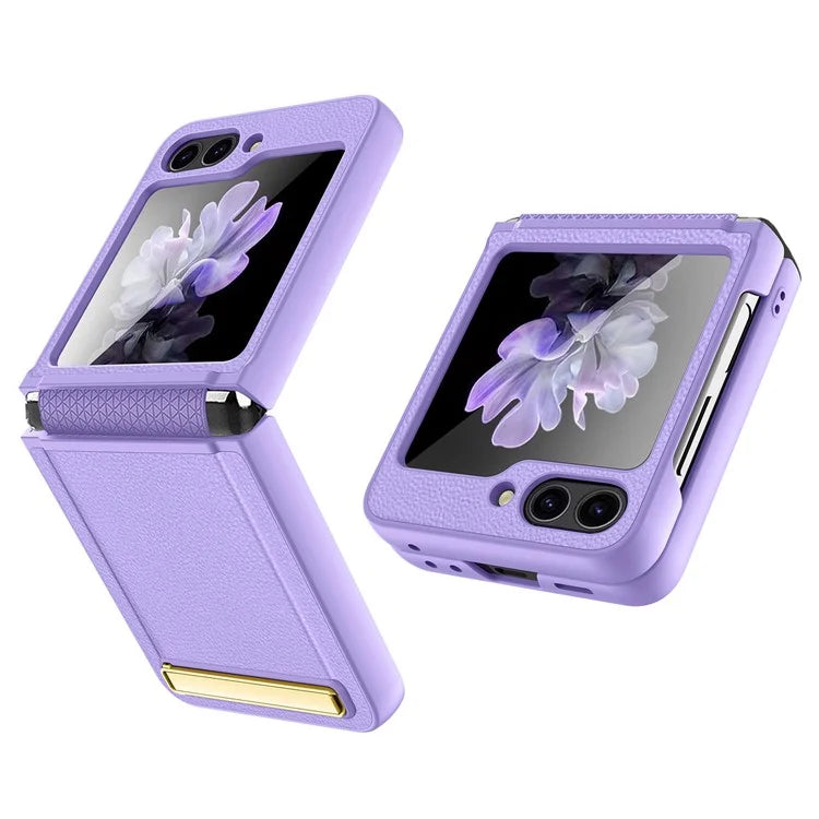 For Samsung Galaxy Z Flip5 5G Case PU Leather+PC Kickstand Phone Cover with Small Screen Film