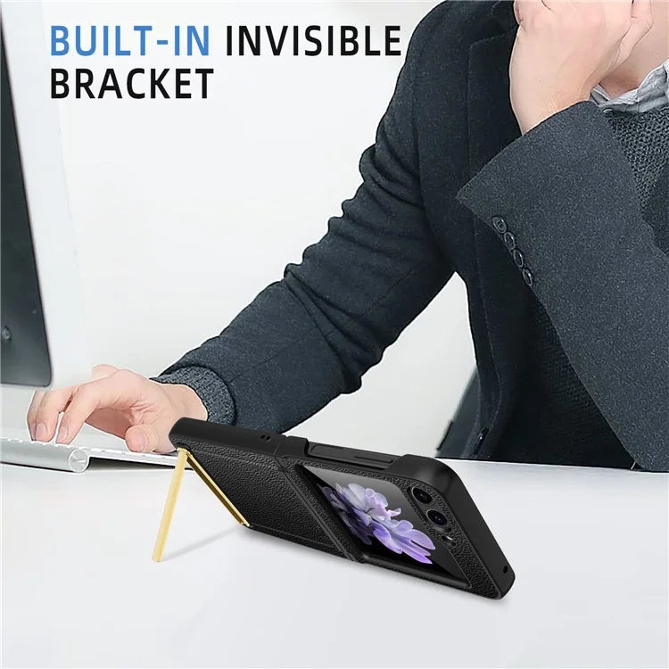 For Samsung Galaxy Z Flip5 5G Case PU Leather+PC Kickstand Phone Cover with Small Screen Film