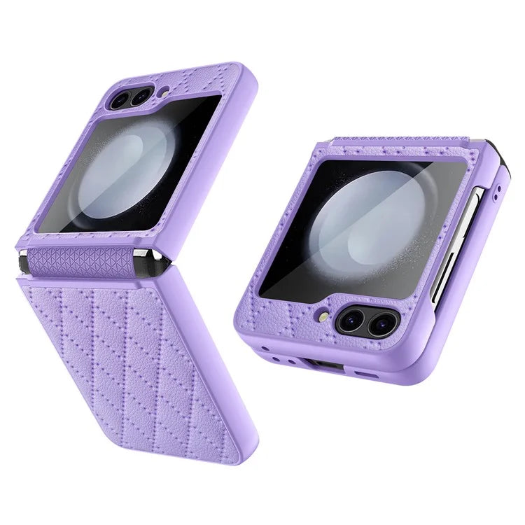 For Samsung Galaxy Z Flip5 5G Case PU Leather+PC Rhombus Grid Phone Cover with Small Screen Film