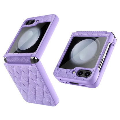 For Samsung Galaxy Z Flip5 5G Case PU Leather+PC Rhombus Grid Phone Cover with Small Screen Film