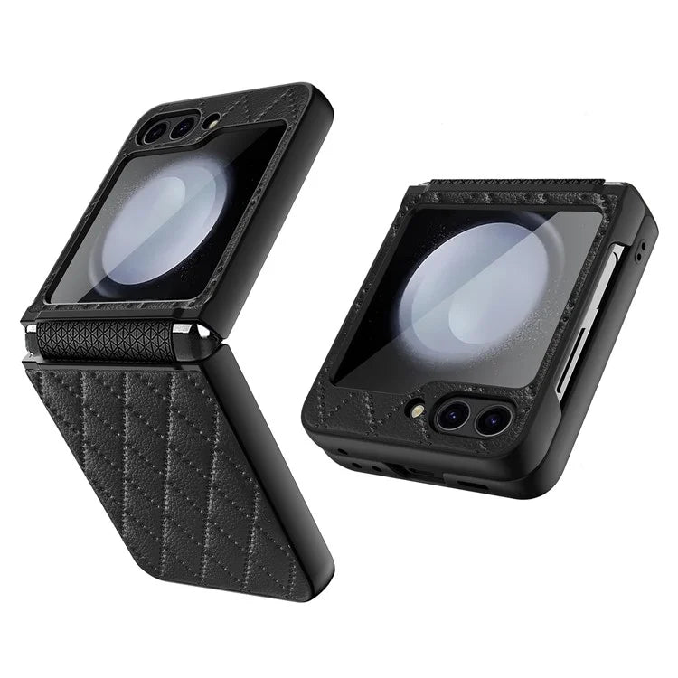 For Samsung Galaxy Z Flip5 5G Case PU Leather+PC Rhombus Grid Phone Cover with Small Screen Film