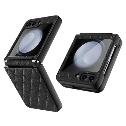For Samsung Galaxy Z Flip5 5G Case PU Leather+PC Rhombus Grid Phone Cover with Small Screen Film