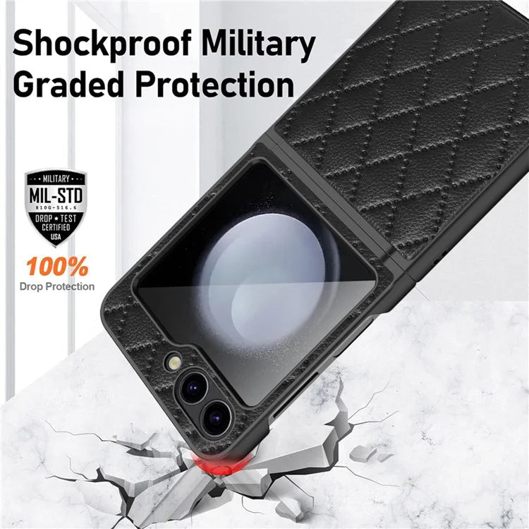 For Samsung Galaxy Z Flip5 5G Case PU Leather+PC Rhombus Grid Phone Cover with Small Screen Film