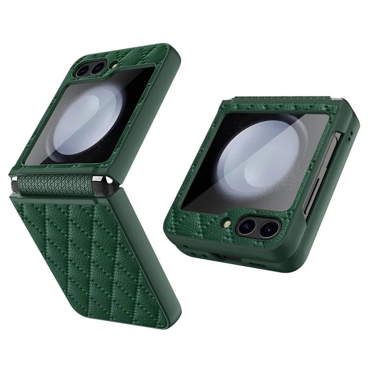 For Samsung Galaxy Z Flip5 5G Case PU Leather+PC Rhombus Grid Phone Cover with Small Screen Film