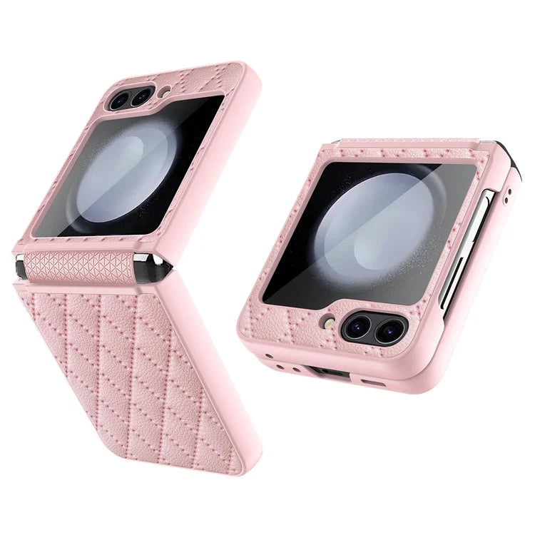 For Samsung Galaxy Z Flip5 5G Case PU Leather+PC Rhombus Grid Phone Cover with Small Screen Film
