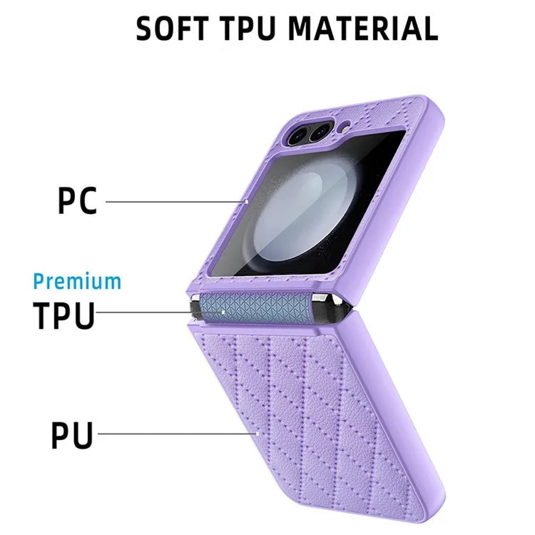 For Samsung Galaxy Z Flip5 5G Case PU Leather+PC Rhombus Grid Phone Cover with Small Screen Film