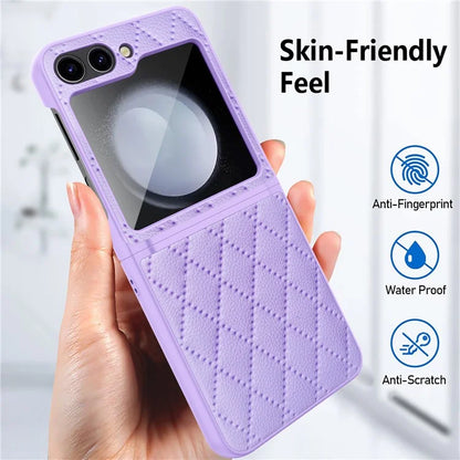 For Samsung Galaxy Z Flip5 5G Case PU Leather+PC Rhombus Grid Phone Cover with Small Screen Film