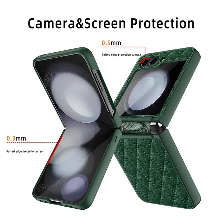 For Samsung Galaxy Z Flip5 5G Case PU Leather+PC Rhombus Grid Phone Cover with Small Screen Film