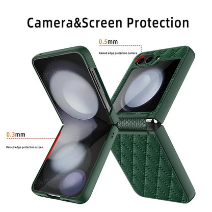 For Samsung Galaxy Z Flip5 5G Case PU Leather+PC Rhombus Grid Phone Cover with Small Screen Film