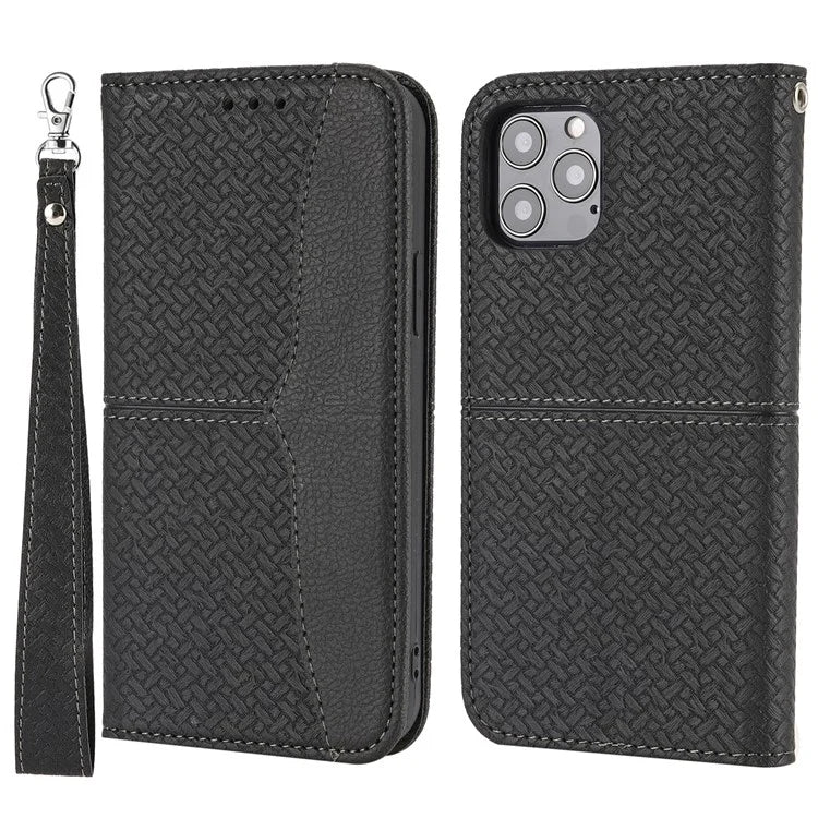 For iPhone 15 Pro Max Case Woven Texture Splicing Leather Stand Phone Cover with Strap