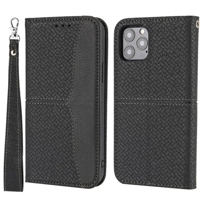 For iPhone 15 Pro Max Case Woven Texture Splicing Leather Stand Phone Cover with Strap