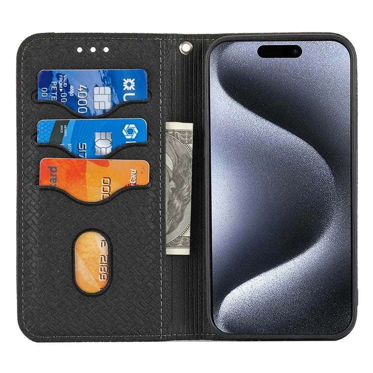 For iPhone 15 Pro Max Case Woven Texture Splicing Leather Stand Phone Cover with Strap