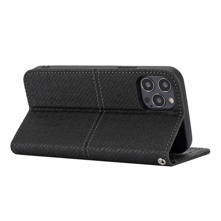 For iPhone 15 Pro Max Case Woven Texture Splicing Leather Stand Phone Cover with Strap