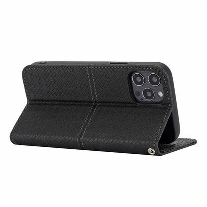 For iPhone 15 Pro Max Case Woven Texture Splicing Leather Stand Phone Cover with Strap