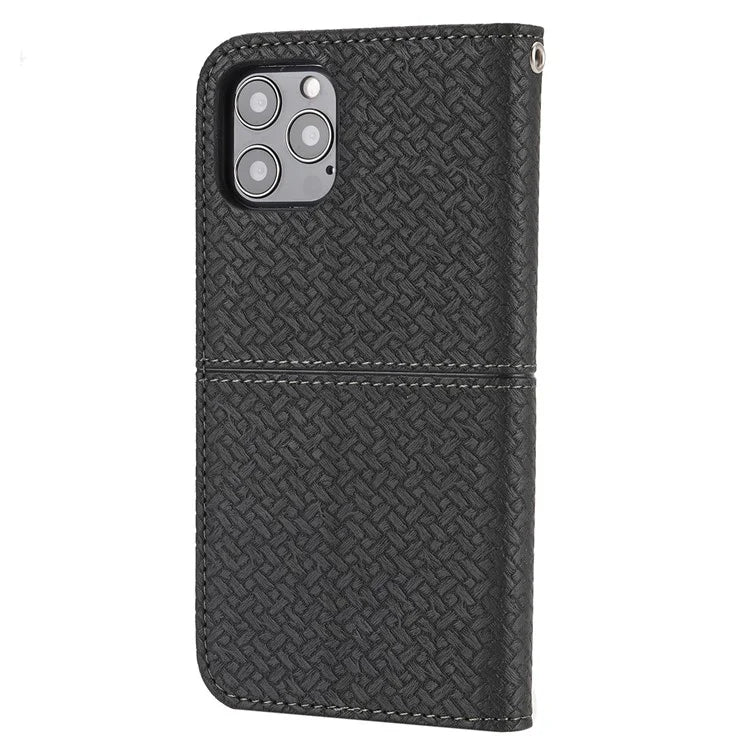 For iPhone 15 Pro Max Case Woven Texture Splicing Leather Stand Phone Cover with Strap