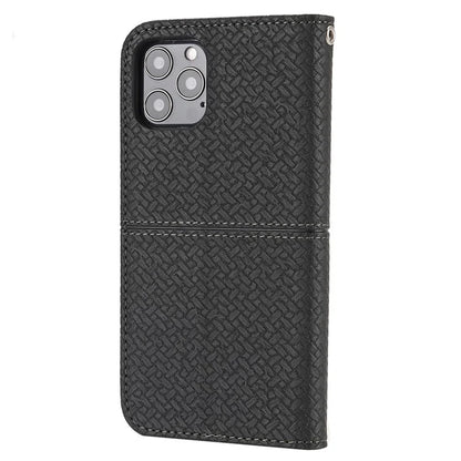 For iPhone 15 Pro Max Case Woven Texture Splicing Leather Stand Phone Cover with Strap