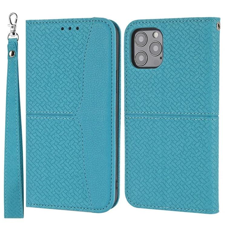 For iPhone 15 Pro Max Case Woven Texture Splicing Leather Stand Phone Cover with Strap