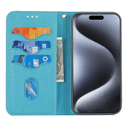 For iPhone 15 Pro Max Case Woven Texture Splicing Leather Stand Phone Cover with Strap