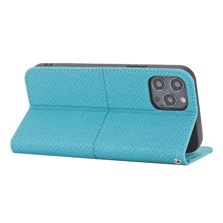 For iPhone 15 Pro Max Case Woven Texture Splicing Leather Stand Phone Cover with Strap