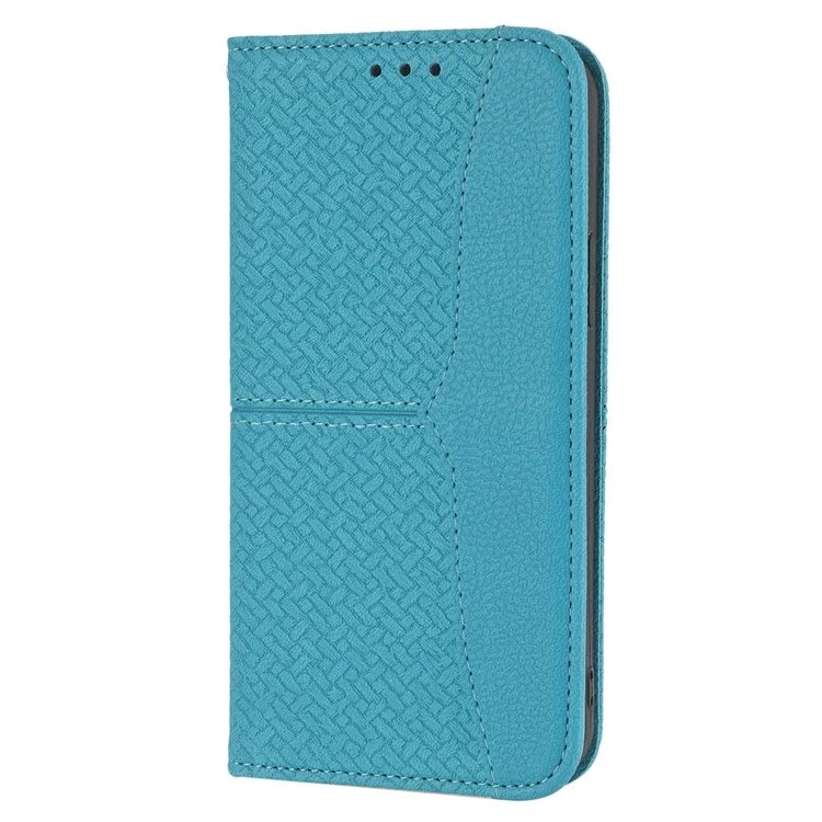 For iPhone 15 Pro Max Case Woven Texture Splicing Leather Stand Phone Cover with Strap