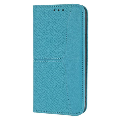 For iPhone 15 Pro Max Case Woven Texture Splicing Leather Stand Phone Cover with Strap