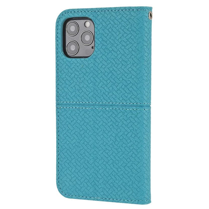 For iPhone 15 Pro Max Case Woven Texture Splicing Leather Stand Phone Cover with Strap