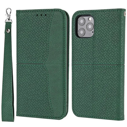 For iPhone 15 Pro Max Case Woven Texture Splicing Leather Stand Phone Cover with Strap