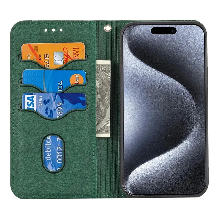 For iPhone 15 Pro Max Case Woven Texture Splicing Leather Stand Phone Cover with Strap