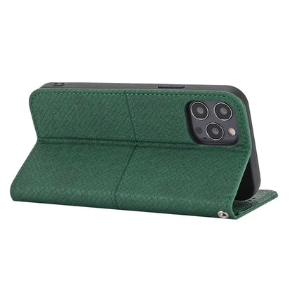 For iPhone 15 Pro Max Case Woven Texture Splicing Leather Stand Phone Cover with Strap
