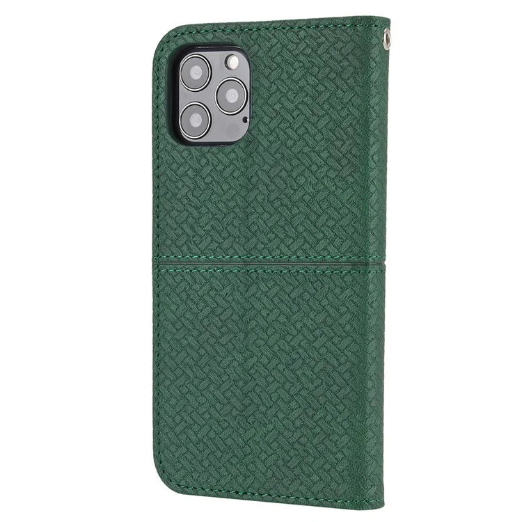 For iPhone 15 Pro Max Case Woven Texture Splicing Leather Stand Phone Cover with Strap