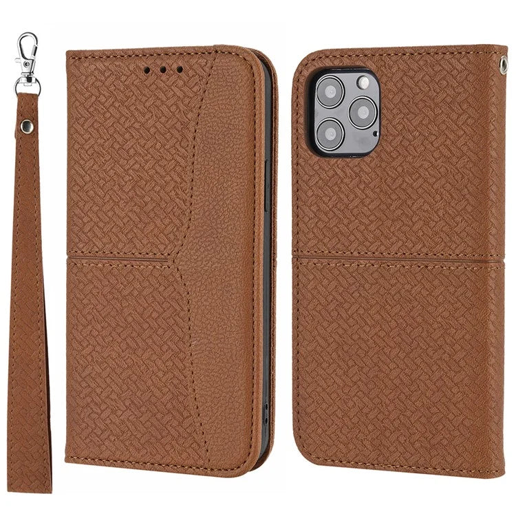 For iPhone 15 Pro Max Case Woven Texture Splicing Leather Stand Phone Cover with Strap