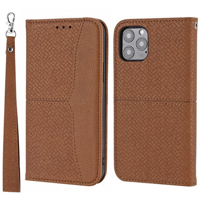 For iPhone 15 Pro Max Case Woven Texture Splicing Leather Stand Phone Cover with Strap
